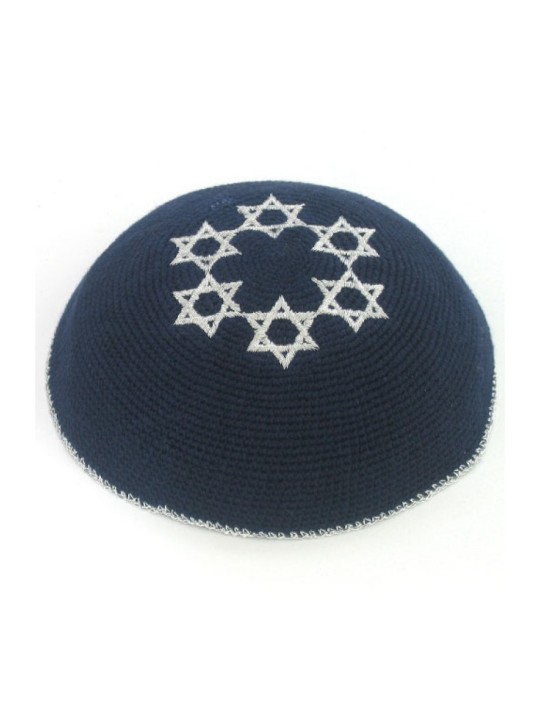 כיפה סרוגה כחול נייבי עם כסף רקום ס... | כיפה סרוגה